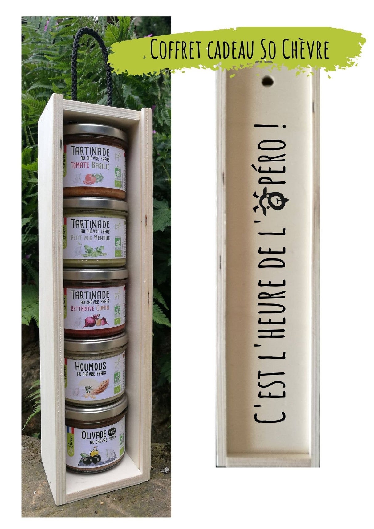 Coffret "C’est l’heure de l’apéro !" contenant 3 tartinades, 1 houmous et 1 olivade